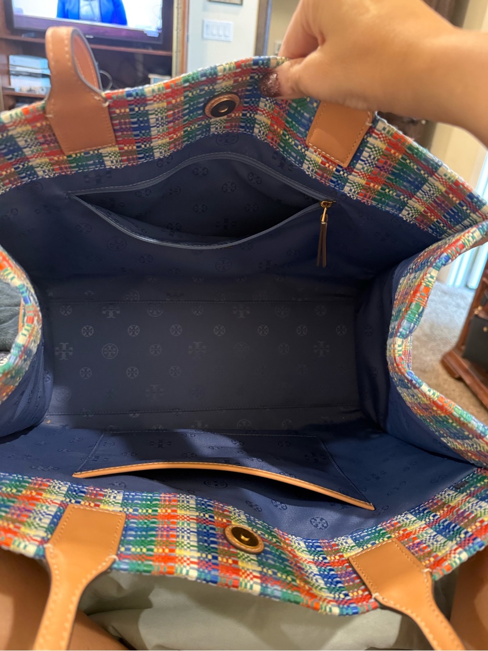 Tory Burch Women's Ella Poly Woven Nylon Tote (Navy / Multi) - Picture 7 of 8
